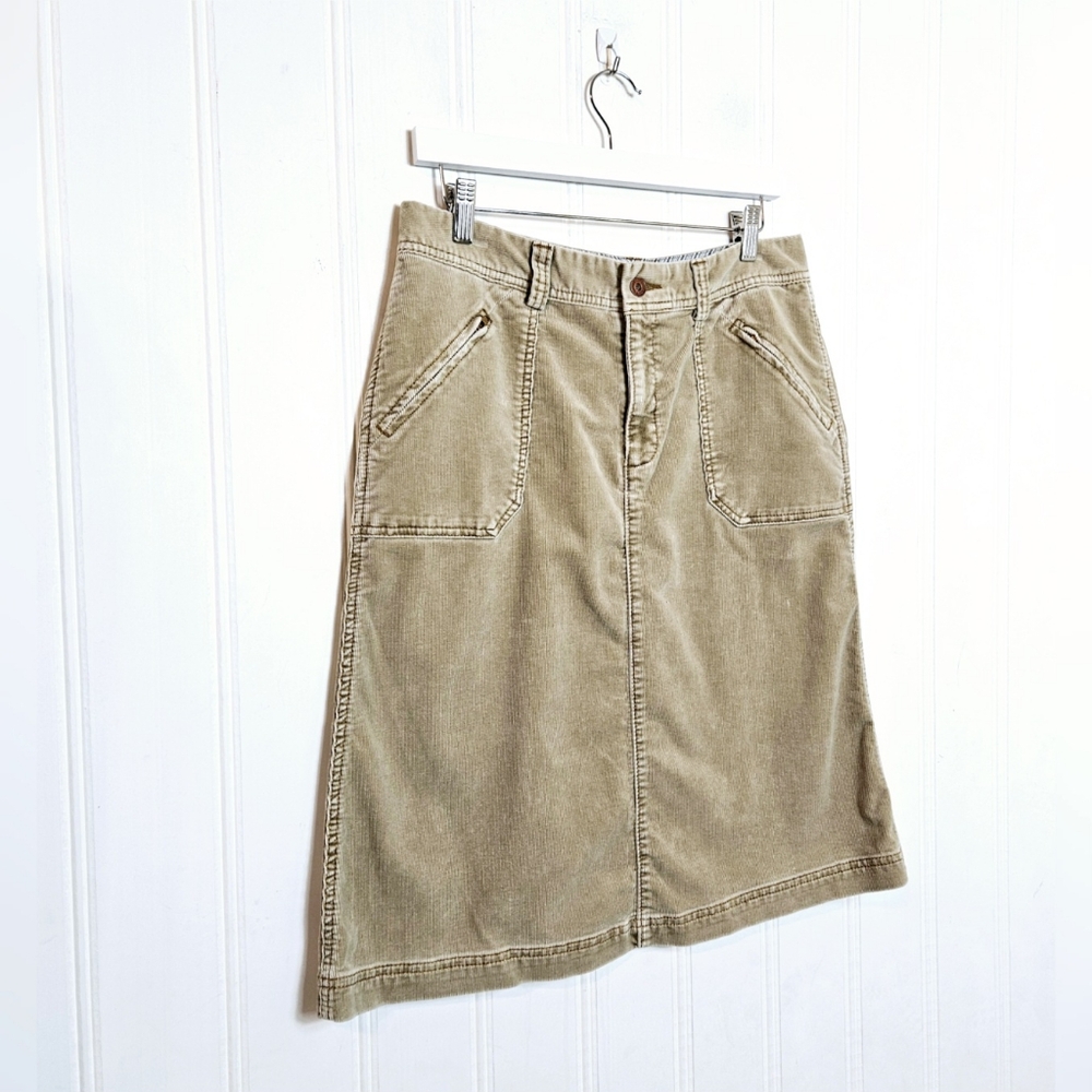 Eddie Bauer Corduroy Midi Skirt Size 8 Vintage A-Line Utility Pockets Khaki Tan